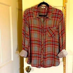 Dylan Boutique- super soft grey and red plaid shirt with contrasting lining